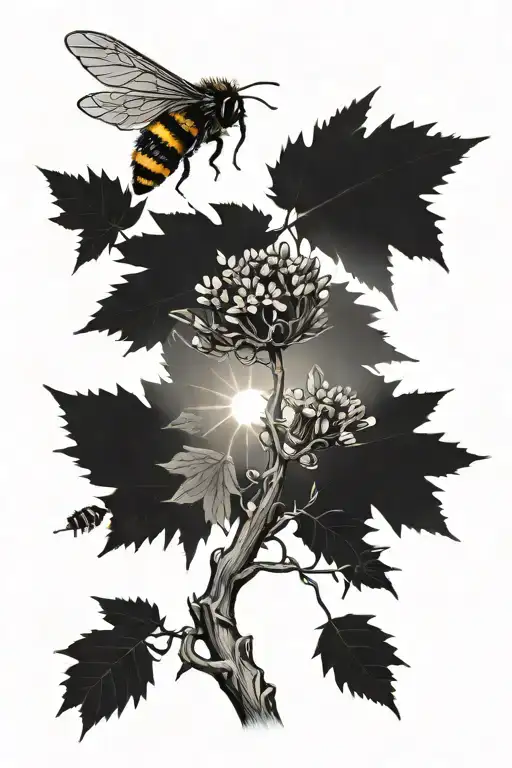A whole deciduous tree, next to it a bumblebee and above the tree a sun with sunbeams. Little contrast and subtle. tattoo design idea