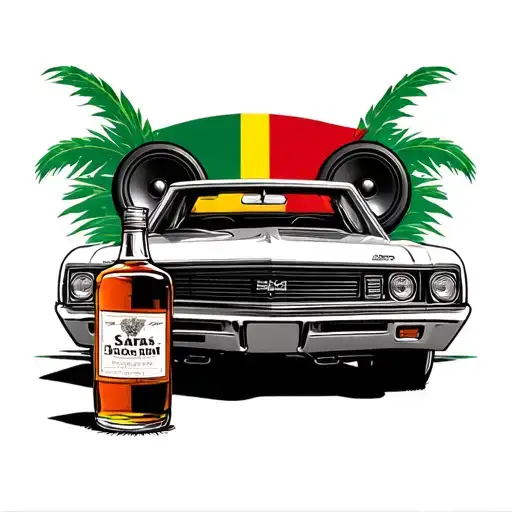 Guyana flag with car with subwoofers with dominions and a bottle of el Sara's rum  tattoo design idea