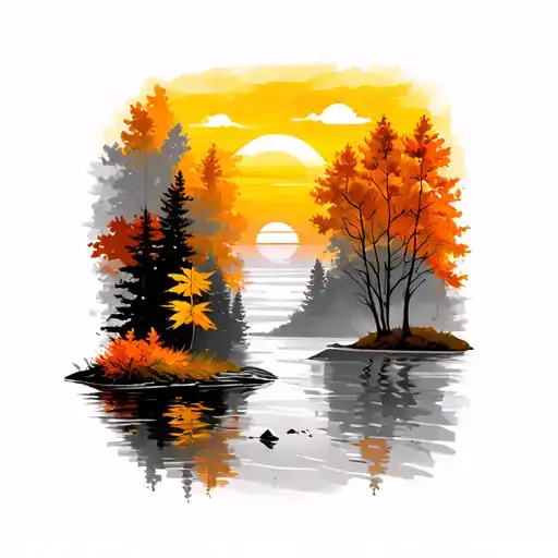 autumn, winter, summer, fall leaves and trees colors sunset over lake tattoo design idea