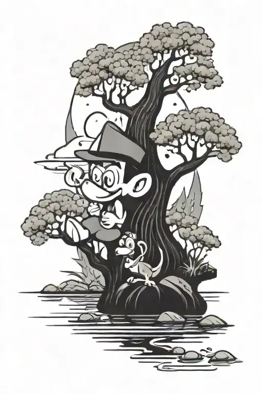 Whittle, 90's cartoon characters, lake, trees, Irish. tattoo design idea
