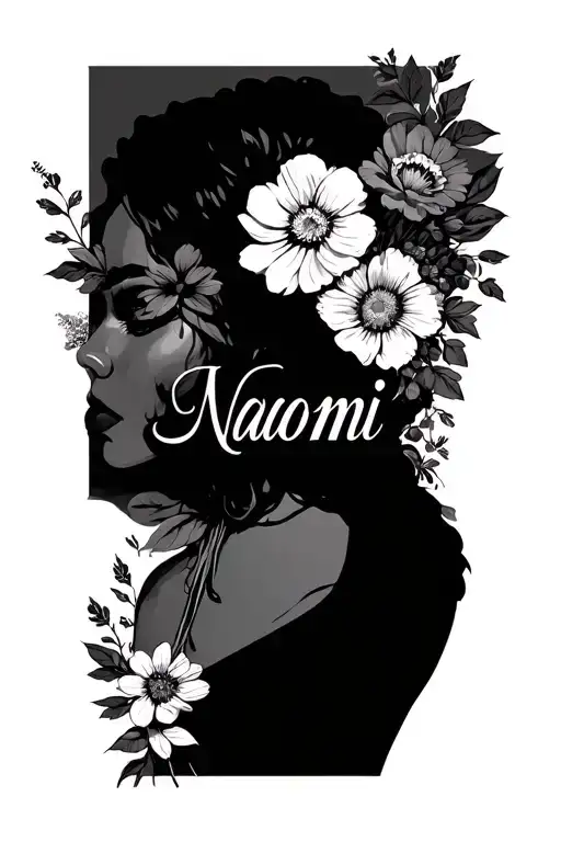 "Naomi" name written in a bouquet of flowers tattoo design idea
