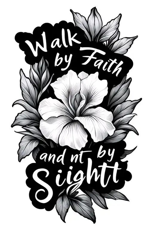 "Walk by faith and not by sight" Crane Iris flower with cursive tattoo design idea