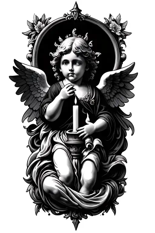 full body cherub  with burned out candle religious theme tattoo design idea