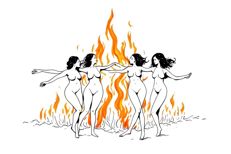 four women dancing naked around a fire tattoo design idea