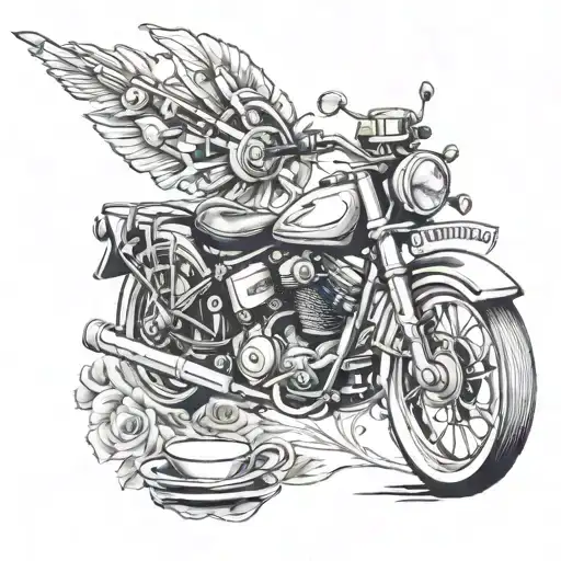 teacup, motorbike, rifle tattoo design idea