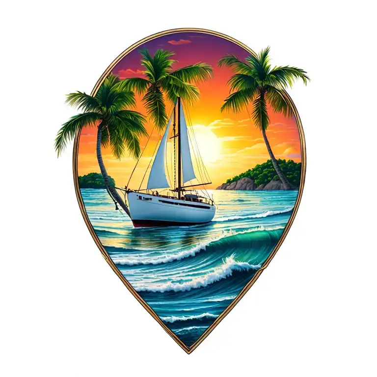 "Monica" white sailboat, sunset sky, distant island with palms, ocean waves, beach tattoo design idea