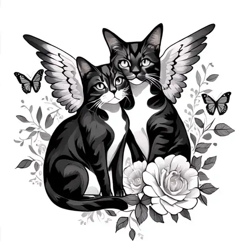 Cats, butterflies , vines, flowers , Joann & Alaina my angels tattoo design idea