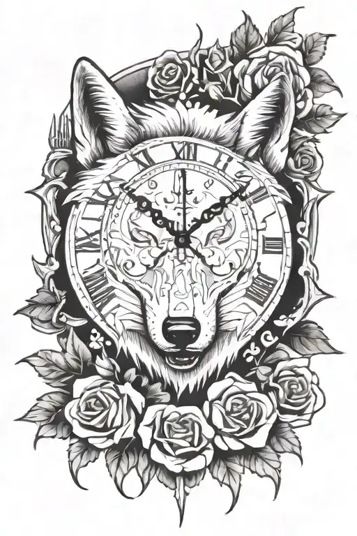 Clock, wolf, roses and rose thorns, drama face  tattoo design idea