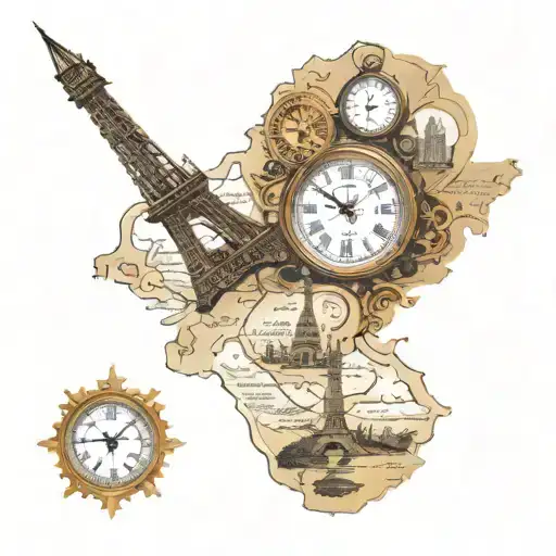 steampunk, world map, eiffel tower, kalifa tower dubai, compass, clock tattoo design idea