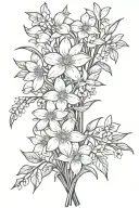 daisies and daffodils with cherry blossoms, snow drops, violets, greenery stems bouquet  tattoo design idea