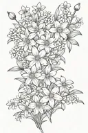 daisies and daffodils with cherry blossoms, snow drops, violets, greenery stems bouquet  tattoo design idea