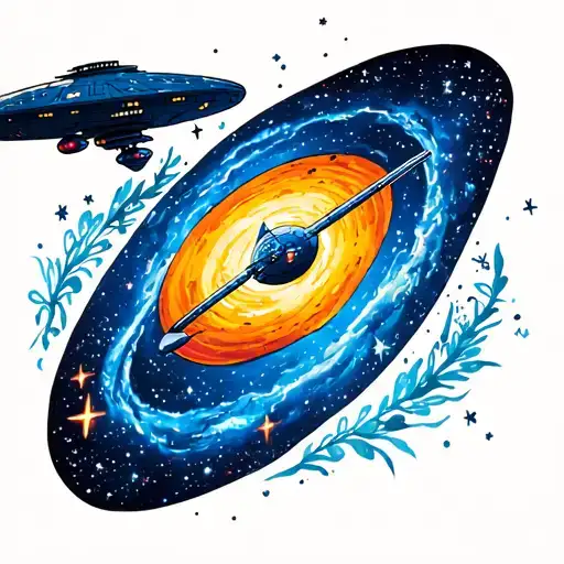 spave with swirling galaxy and stars  with a Star Trek enterprise ship and doctor who tardis near the galaxy tattoo design idea