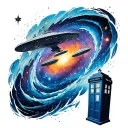 spave with swirling galaxy and stars  with a Star Trek enterprise ship and doctor who tardis near the galaxy tattoo design idea