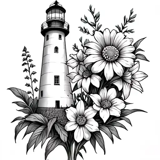 lighthouse with aster flower, larkspur flower, and gladiolus flower tattoo design idea