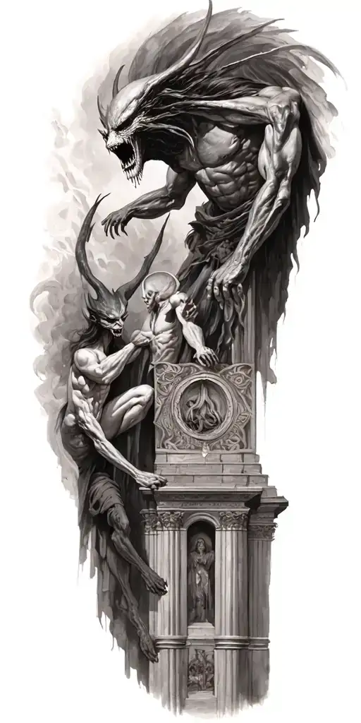 mindflayers fighting demons trapped in a cathedral realism tattoo design idea