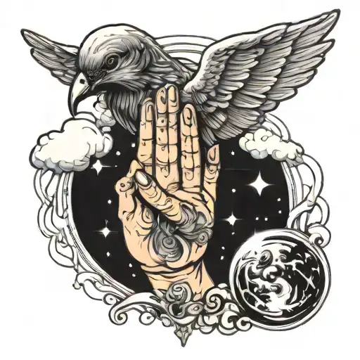 galactic nebula hands praying with clouds birds  Angel wings  tattoo design idea
