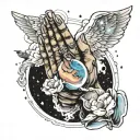 galactic nebula hands praying with clouds birds  Angel wings  tattoo design idea