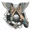 galactic nebula hands praying with clouds birds  Angel wings  tattoo design idea