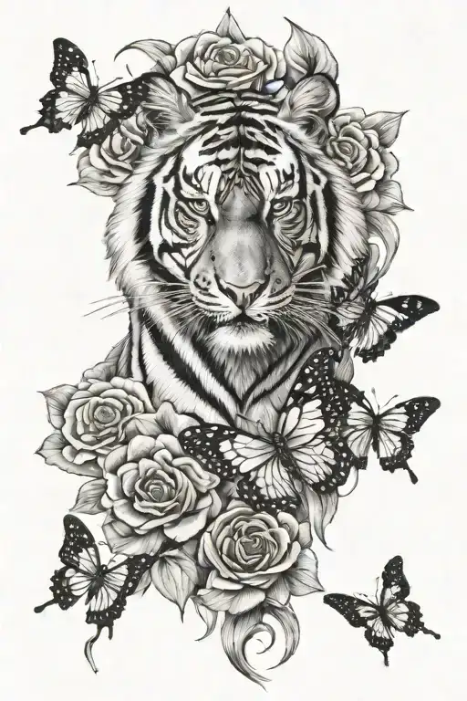 tiger stripes 1/2 sleeve with flowers and butterflies tattoo design idea