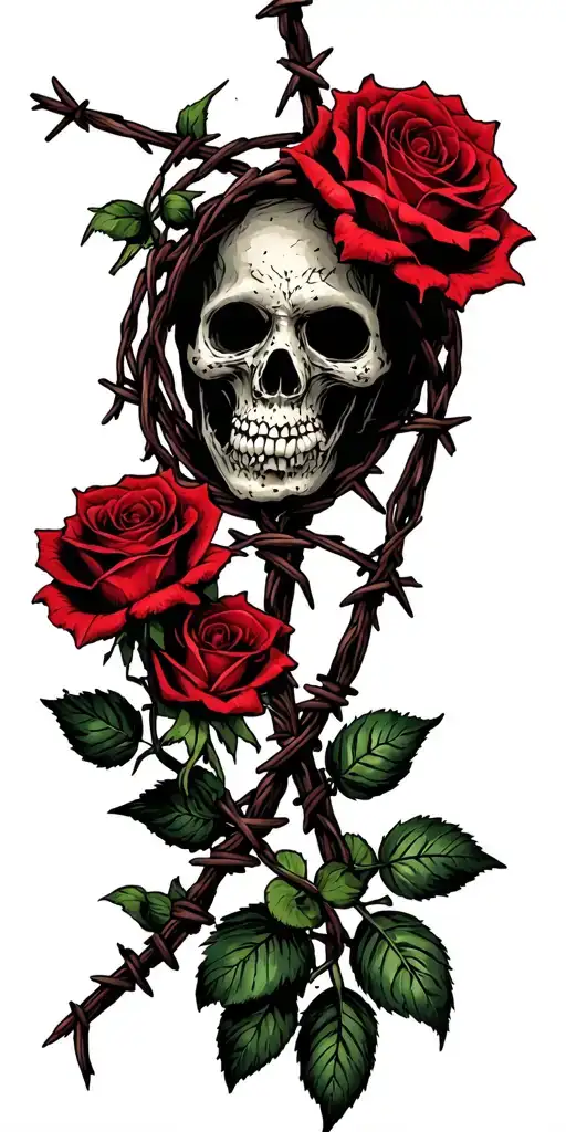 barbed wire and roses entwined tattoo design idea