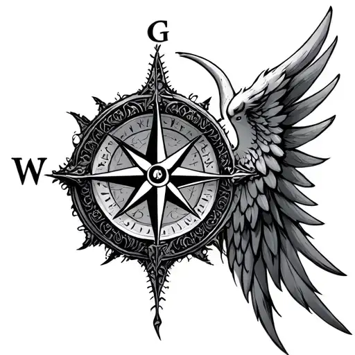 compass half demon angel wings tattoo design idea