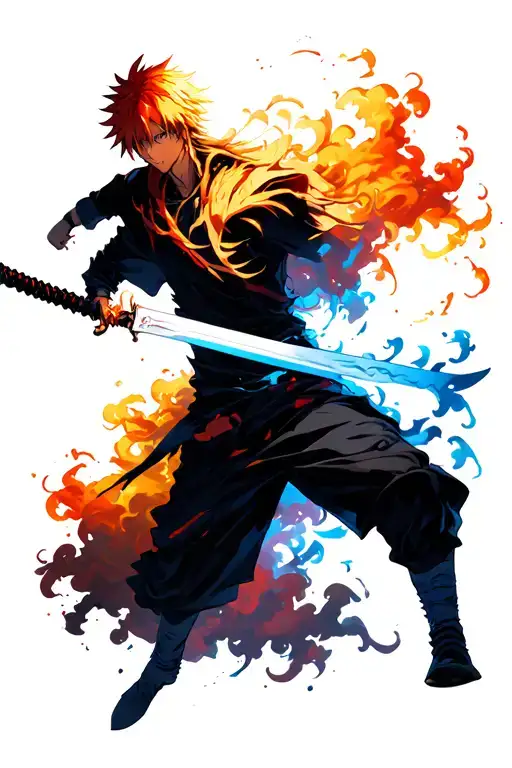 ichigo kurosaki charging and swinging sword, coloured smoke background tattoo design idea