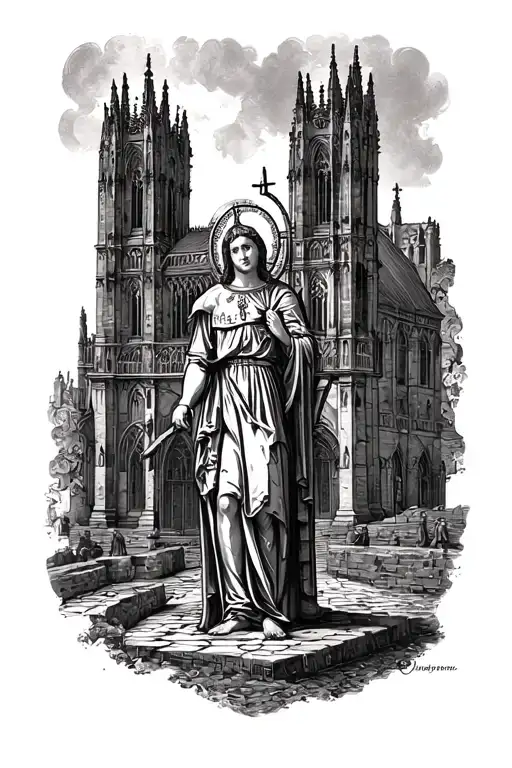 leg sleeve featuring Joan of arc on the calf and a cathedral in the background, make the rest of it creepy bible stories tattoo design idea