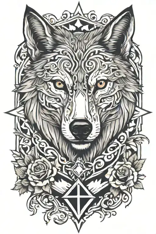 sleeve tattoo cards wolf head and cross surrounded tattoo design idea