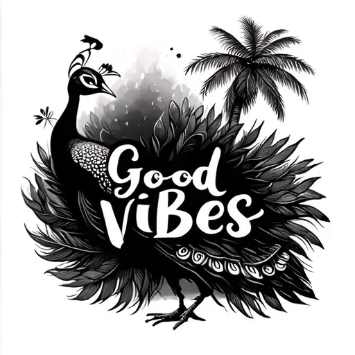 peacock with feathers on display and a palm tree behind saying good vibes somewhere on it  tattoo design idea