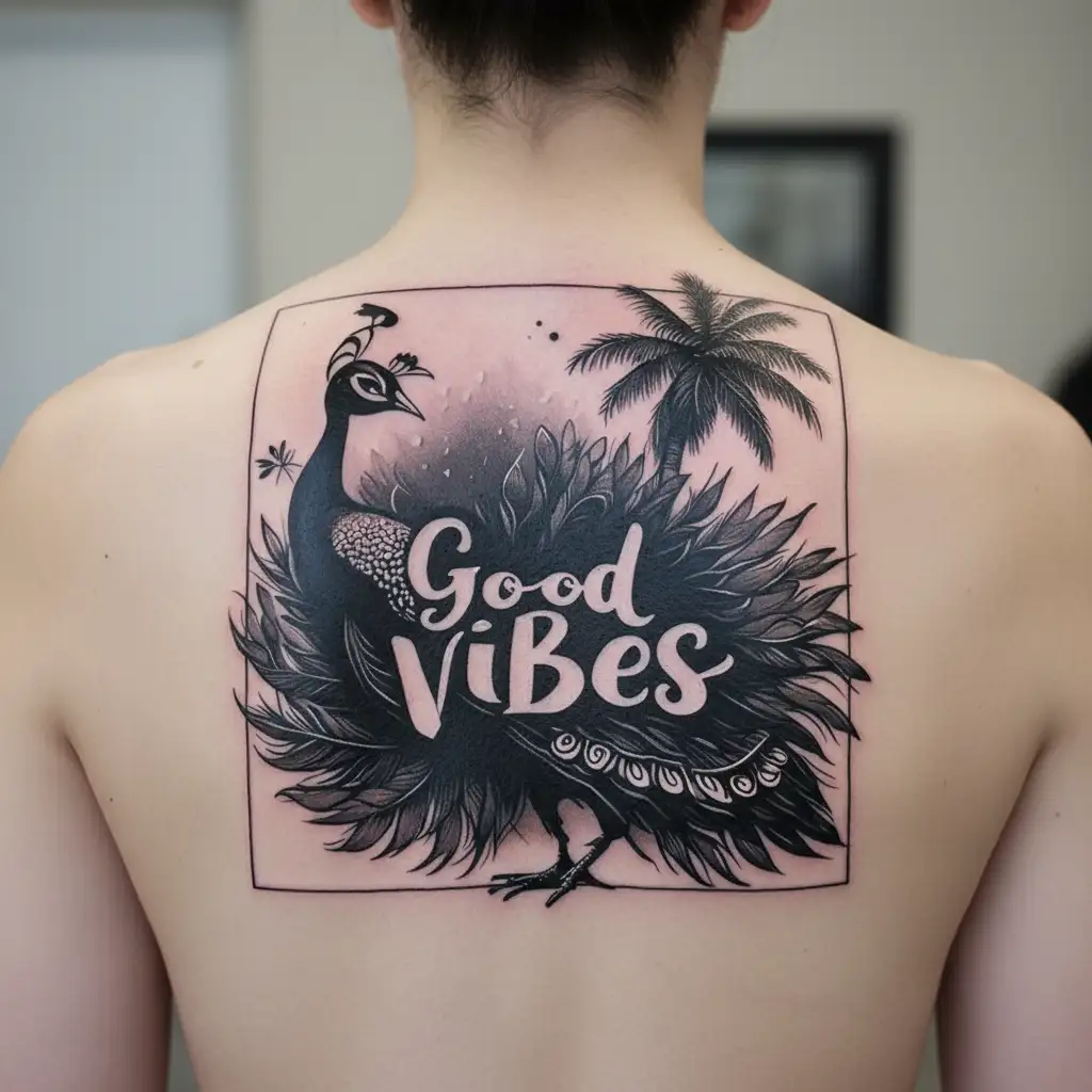 peacock with feathers on display and a palm tree behind saying good vibes somewhere on it  tattoo design idea