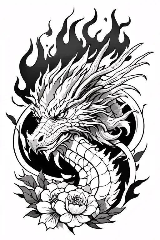 flames, flowers, samurai and dragon tattoo design idea