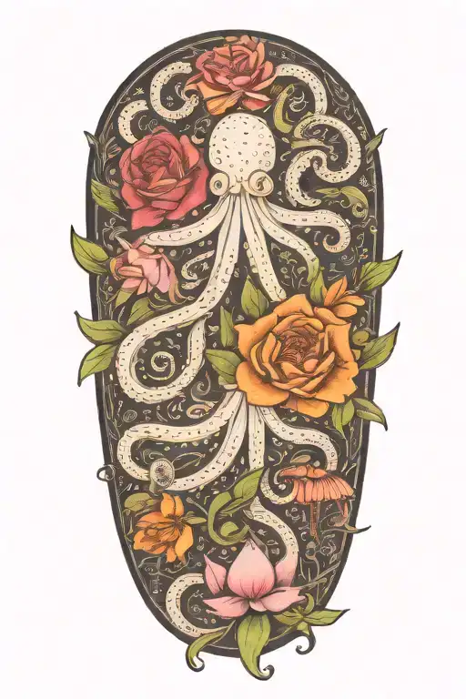 snowdrops, rose, marigold, octopus tenticals tattoo design idea