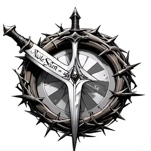 dagger through the middle of a broken roulette wheels thats wrapped in thorns. Dagger has "Noelle * Saint * Sir" on it tattoo design idea
