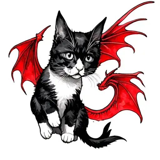 Simple fine line black and white cat with watercolor red dragon wings. Dynamic tattoo: looks like the cat is flying but  tattoo design idea