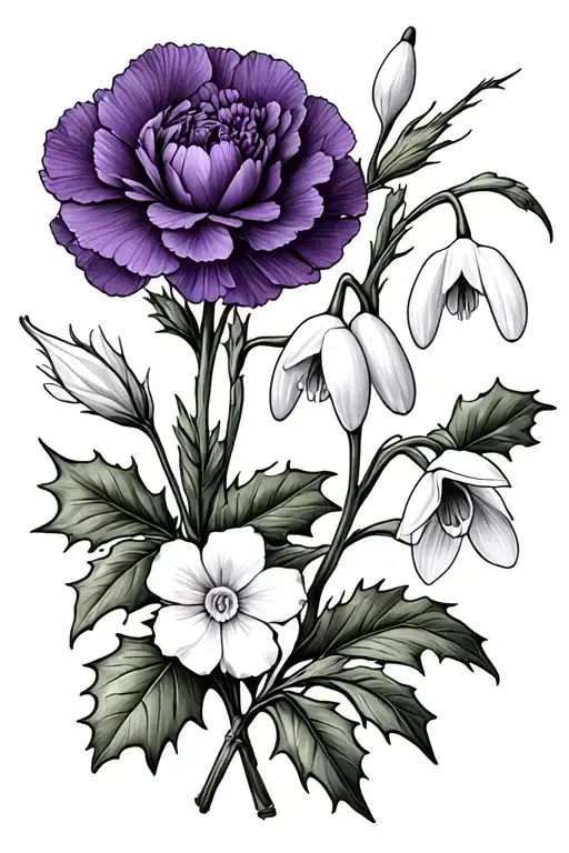Violet and Primrose (February), carnation and snowdrops (January), Holly and narcissus (December) tattoo design idea