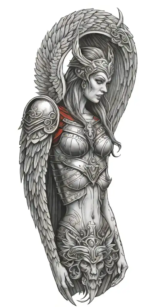 Craft a tattoo design of a Valkyrie with blood red wings, embodying the client's passion for both Viking mythology and vampire aesthetics tattoo design idea