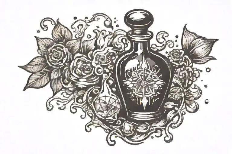 potion bottle with crystals being dispersed tattoo design idea
