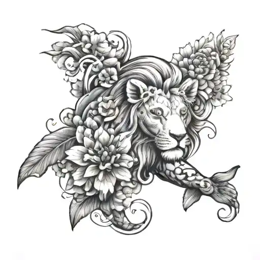 woman's full arm sleeve with lots of lotus flowers, small elephant face, small male lion face and a dolphin  tattoo design idea