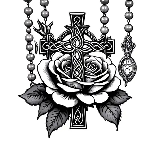 rosary beads with Irish Celtic cross with rose with 5 thorns in Side of it on right forearm  tattoo design idea