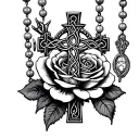 rosary beads with Irish Celtic cross with rose with 5 thorns in Side of it on right forearm  tattoo design idea