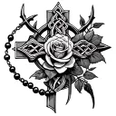 rosary beads with Irish Celtic cross with rose with 5 thorns in Side of it on right forearm  tattoo design idea