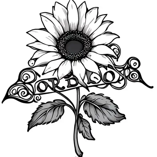 filigree with sunflower intertwined with name Linda tattoo design idea
