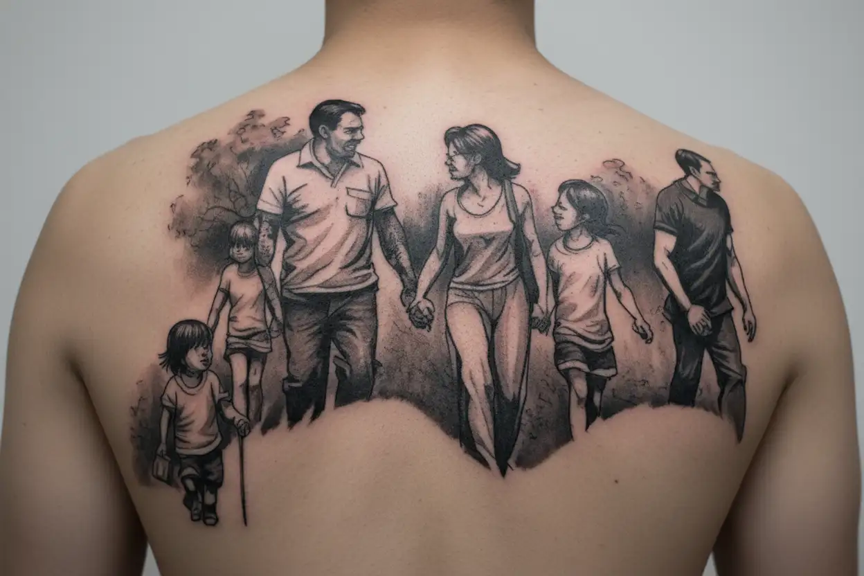 Father,mother,daughter and son walking tattoo design idea
