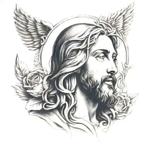 Jesus portrait with sacred heart next to him tattoo design idea