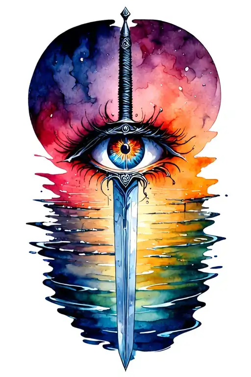 sword piercing water with an eye under the water darken everything tattoo design idea