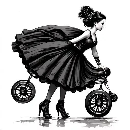 Girl who carries a skating of wheels in one hand and in the other hand a flamenco heel, with fine lines without color tattoo design idea