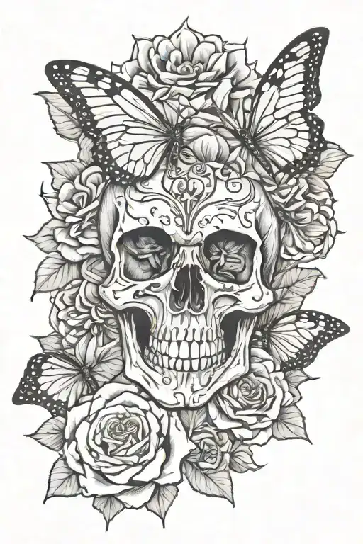 skull with butterfly on it with 2 roses and 1 sunflower around it tattoo design idea