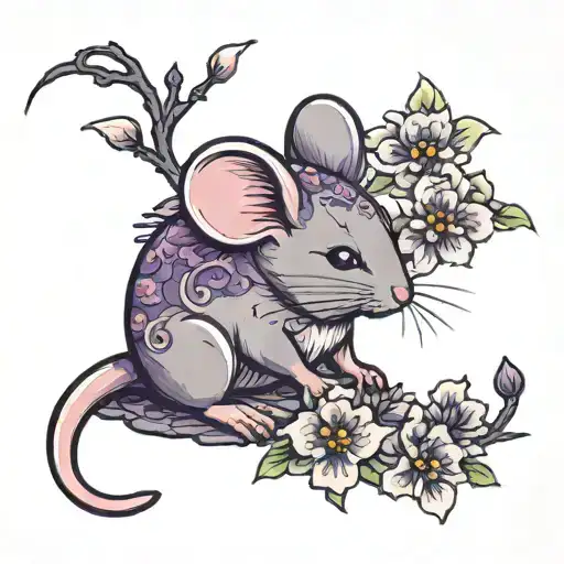 Mouse holding purple japenese Camilla flower blooming tattoo design idea