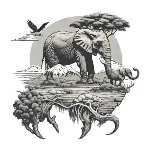Kilimanjaro mountain, face of an elephant with tusks and three little birds. All within the african landscape. tattoo design idea