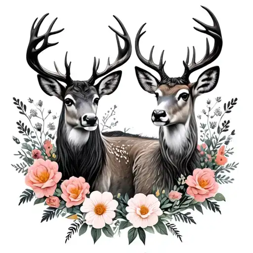 stag and Doe surrounded by flowers tattoo design idea